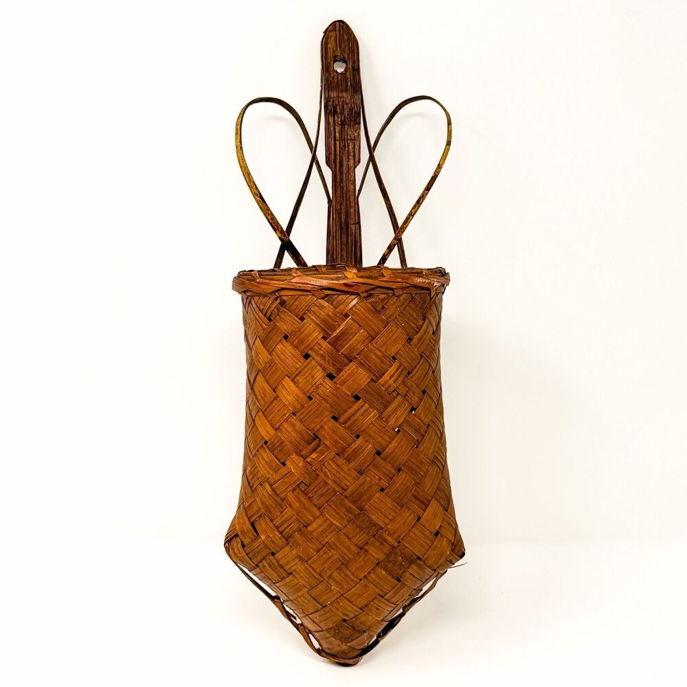 Vintage Primitive Woven Splint Wall Basket Rustic Folk Art Hanging Storage Decor